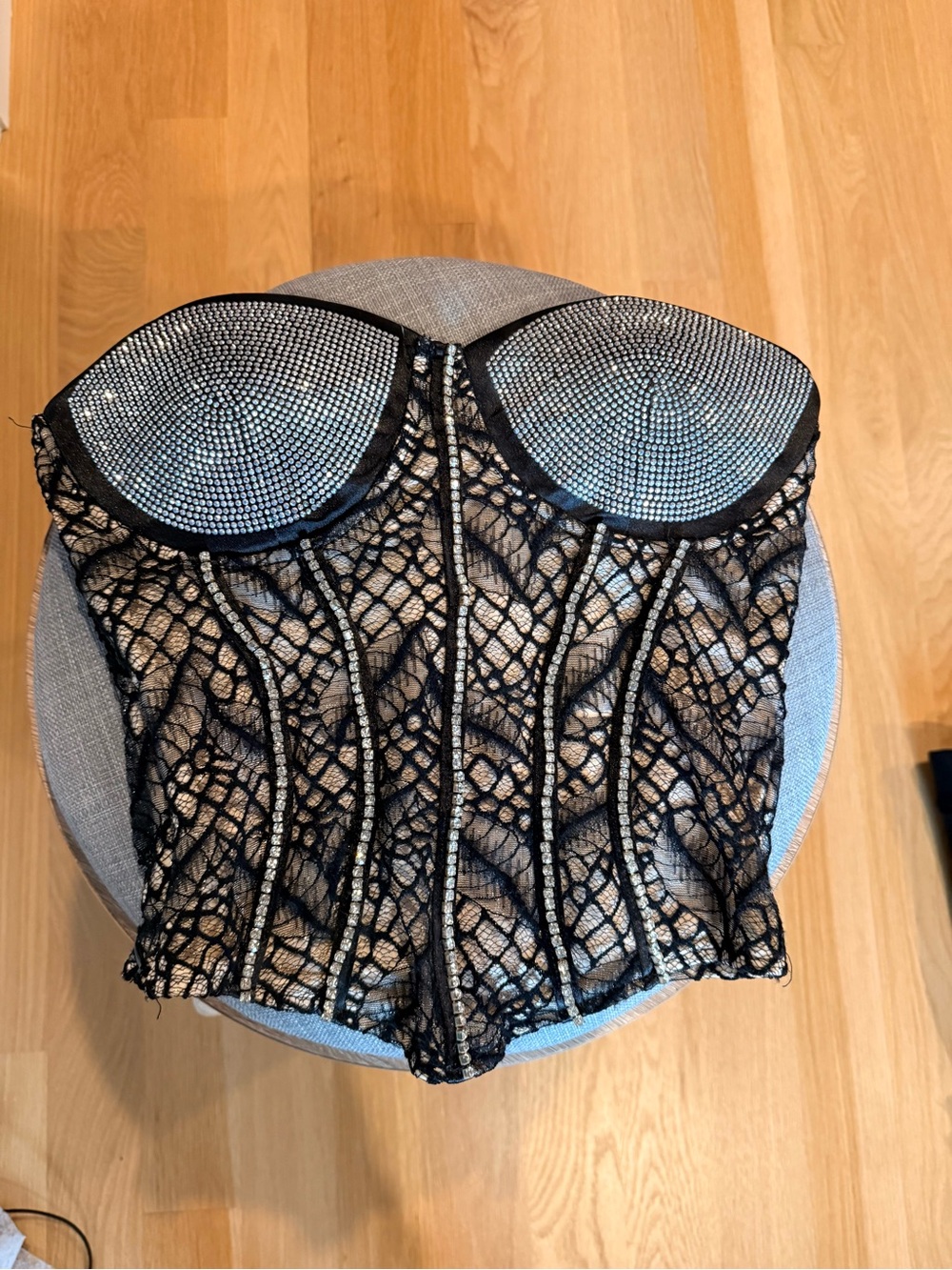 Strapless Black Lace Bustier with Rhinestone Cups